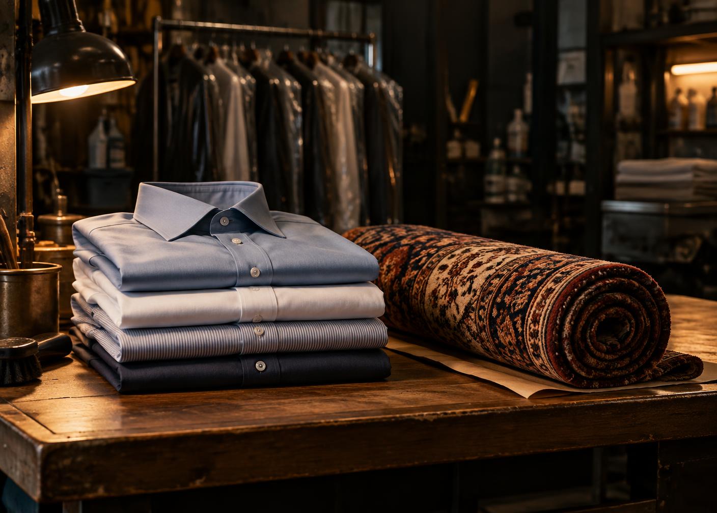 Folded pressed shirts and a rolled area rug on a workroom table