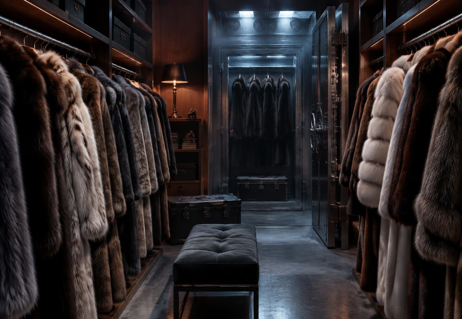 Fur coats hanging in a climate-controlled storage vault