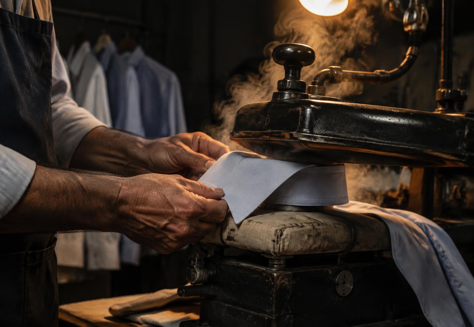 Hands pressing a shirt collar on a steam press