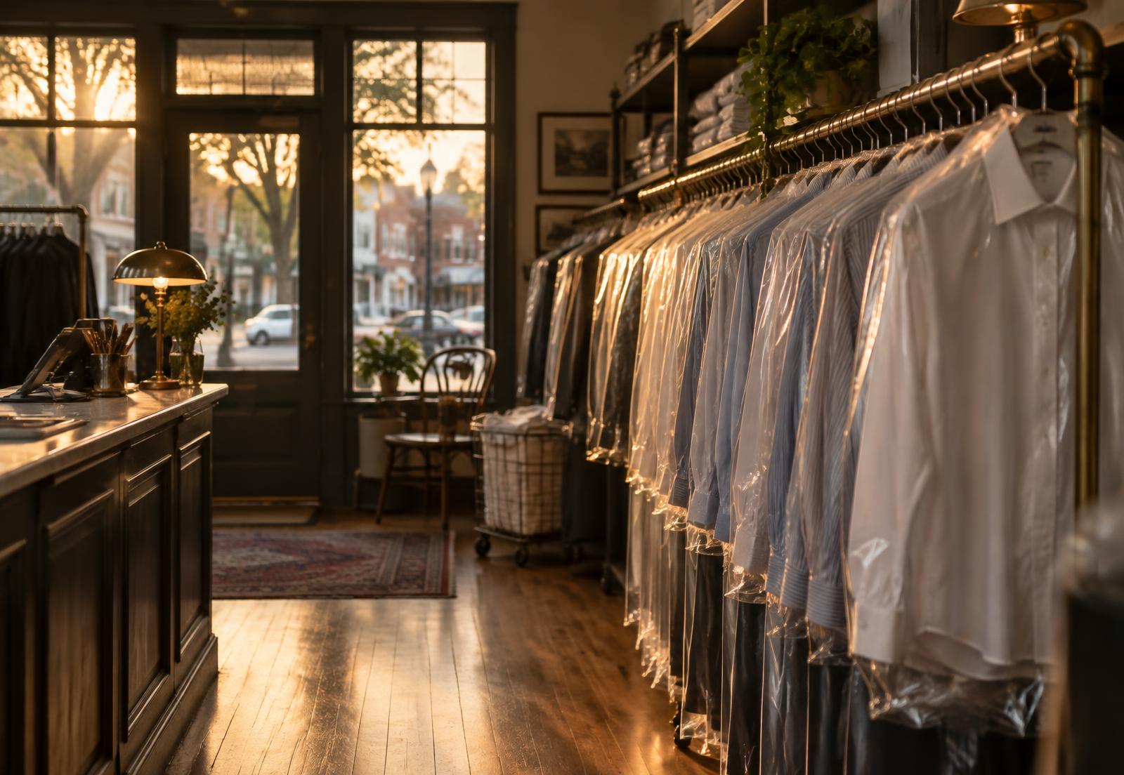 A rail of freshly pressed shirts in garment bags by the shop window