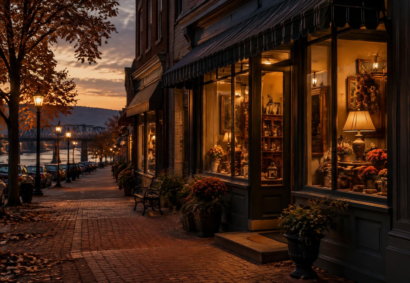 A warmly lit main-street storefront at dusk