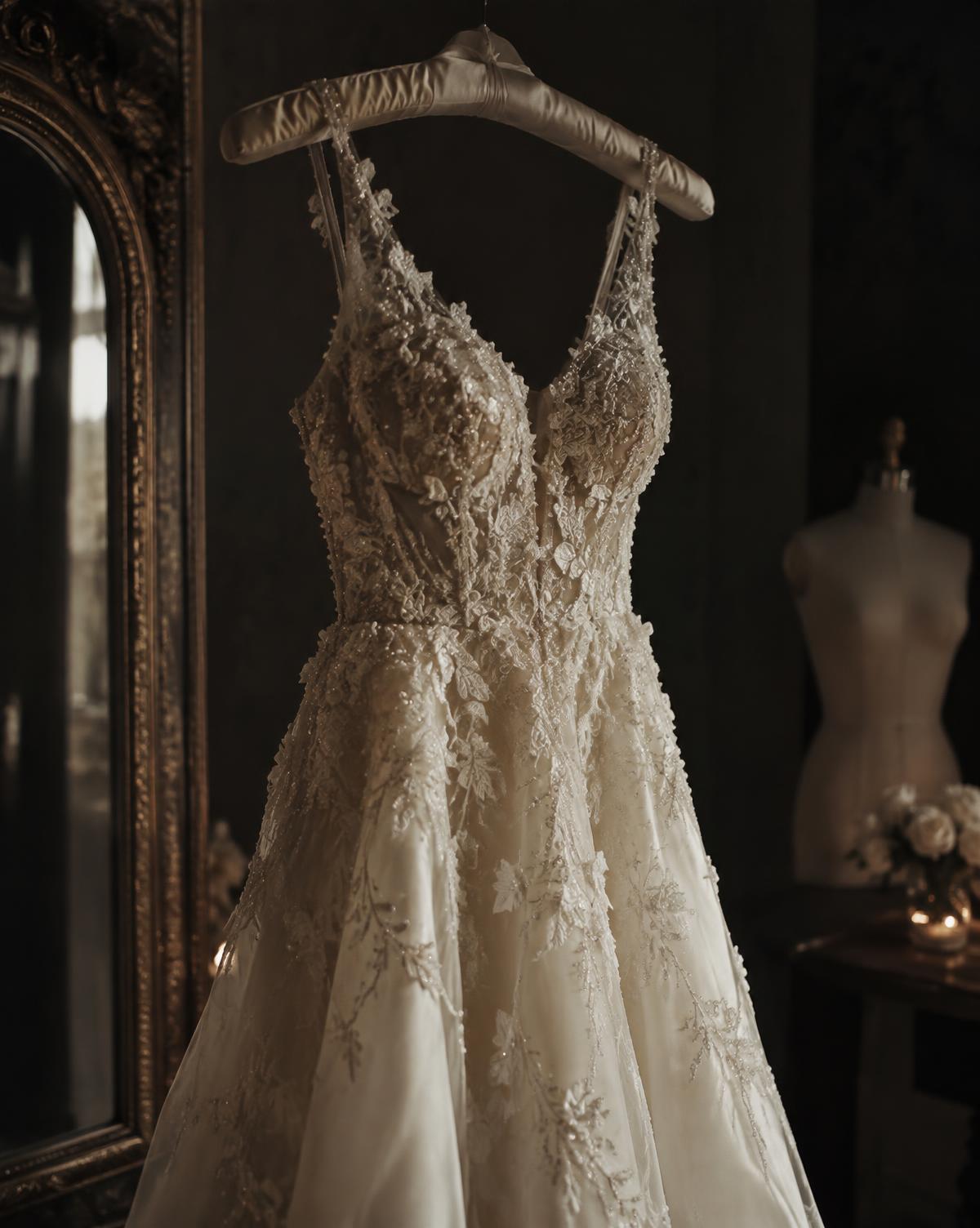 An ivory lace wedding gown on a padded hanger in a dim atelier