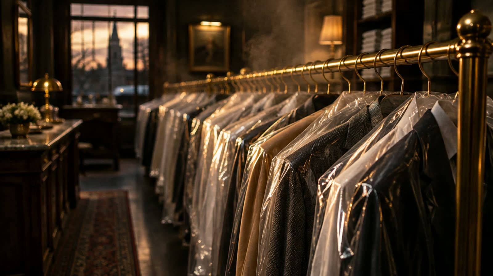 A brass rail of freshly pressed garments inside Oriole Cleaners at dusk
